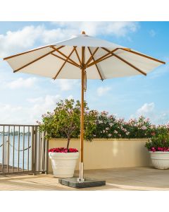 large garden umbrella on terrace with flowers