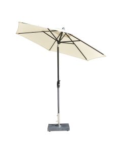tilting garden parasol with granite base and ecru canopy tilted to right