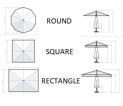 parasol canopy shapes - round, square, rectangle